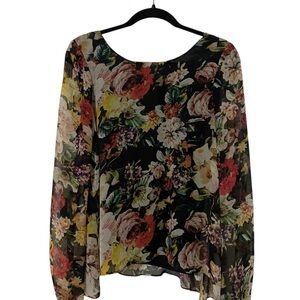 Floral Chiffon Blouse – Romantic Garden Print, Sheer Long Sleeve, Scoop Back